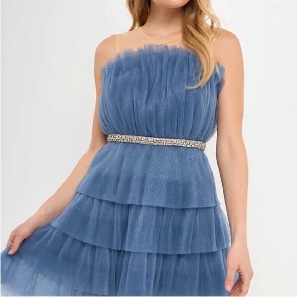 Endless Rose Blue Tulle Tiered Mini Dress With Jeweled Belt Size Small NWT - Picture 2 of 13